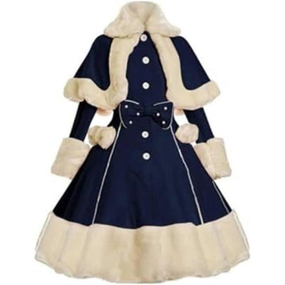 Langwyqu Women's Vintage Winter Fur Warm Coat Dress Shawl Collar Bowknot Warm